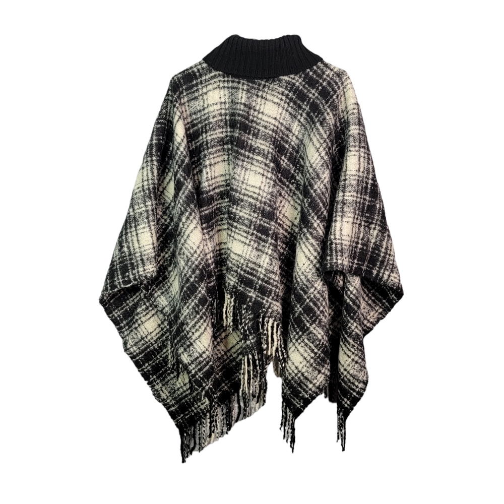 Lauren Ralph Lauren Plaid Black White 3 Season Pancho Pullover Cape One Size
